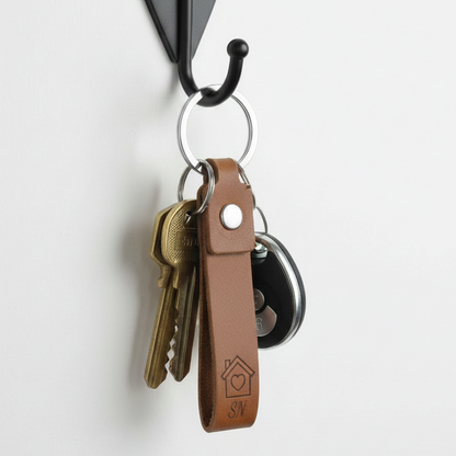 Personalized Minimalist Brown Keyring – Custom PU Leather Keychain